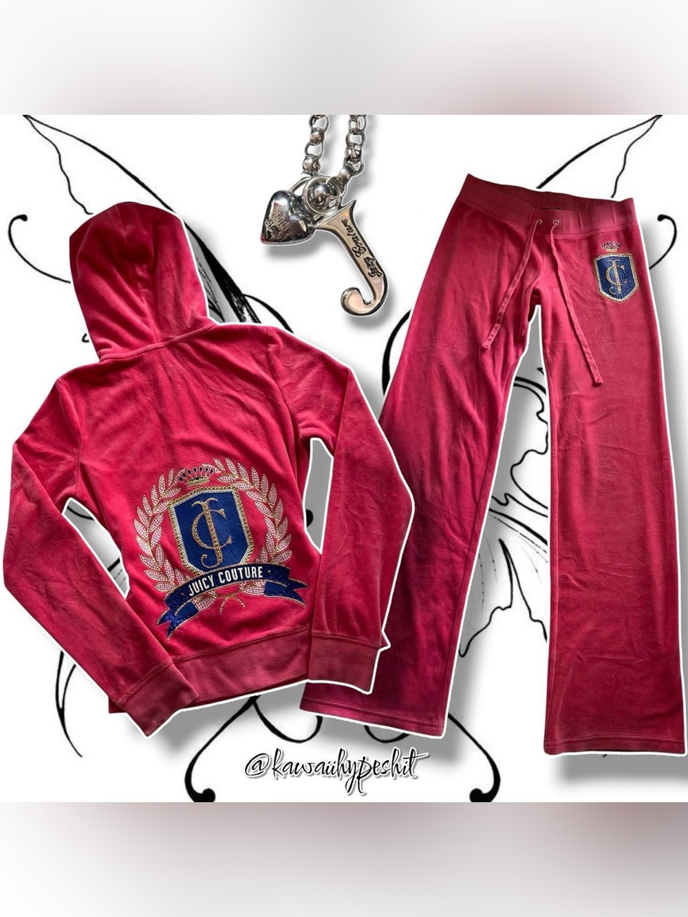 VTG Y2K Juicy Couture Hot Pink/Multicolor Velour Hoodie & Pants Tracksuit Set
